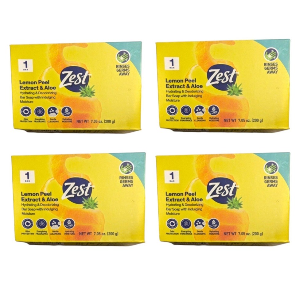 Zest Lemon Peel Extract & Aloe Bar Soap 4 Pack 7.05 oz XL Size Hydrating